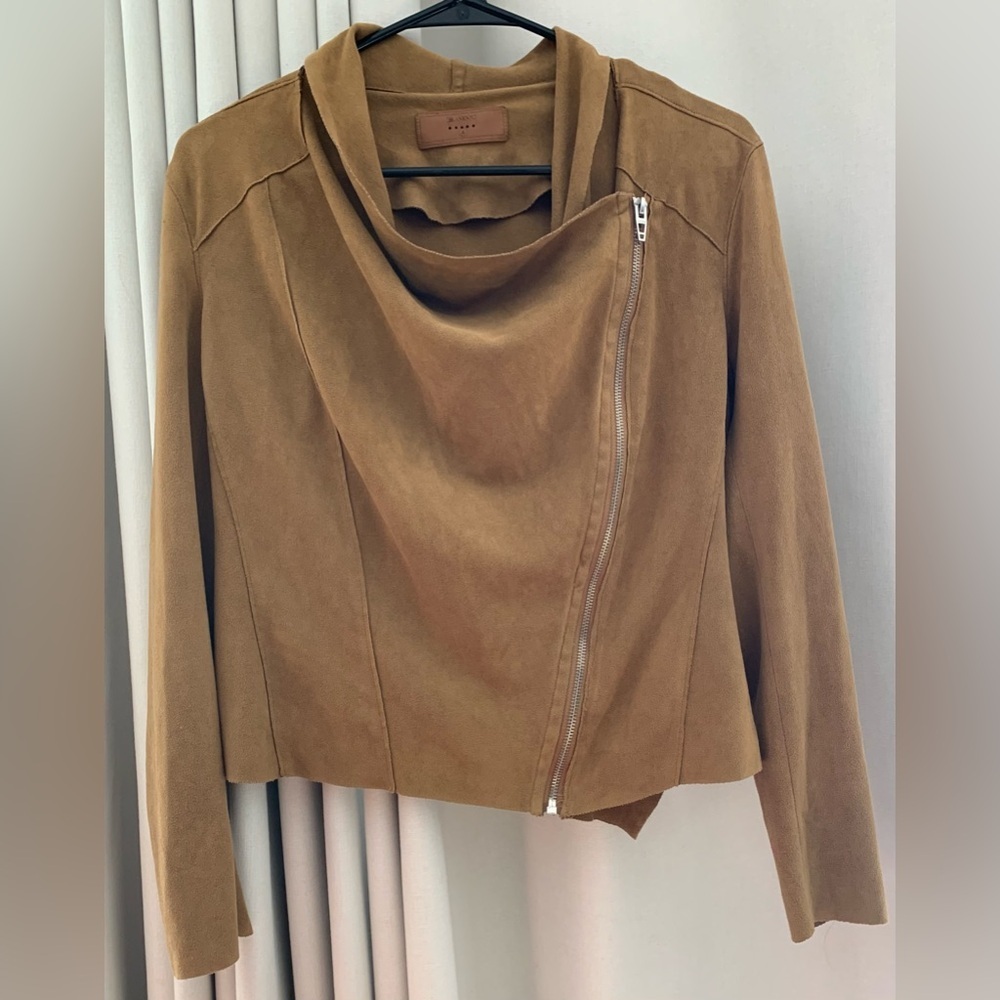 BLANK NYC Cropped Jacket, Brown Suede-Texture Off Center Zip Front; Size S